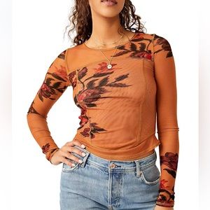 Free People Betty’s Garden Longe Sleeve Mesh Floral Top Size Large NWT